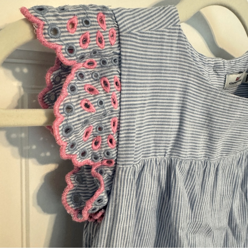 Vineyard Vines blue and white striped dress with pink embroidery eyelet design 8 - Picture 5 of 6